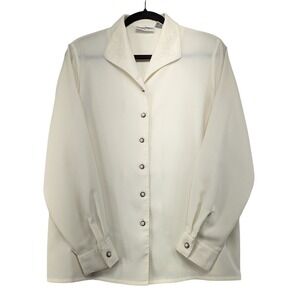 Alfred Dunner Ivory Textured Embroidered Collar Button Down Blouse Womens Size 8